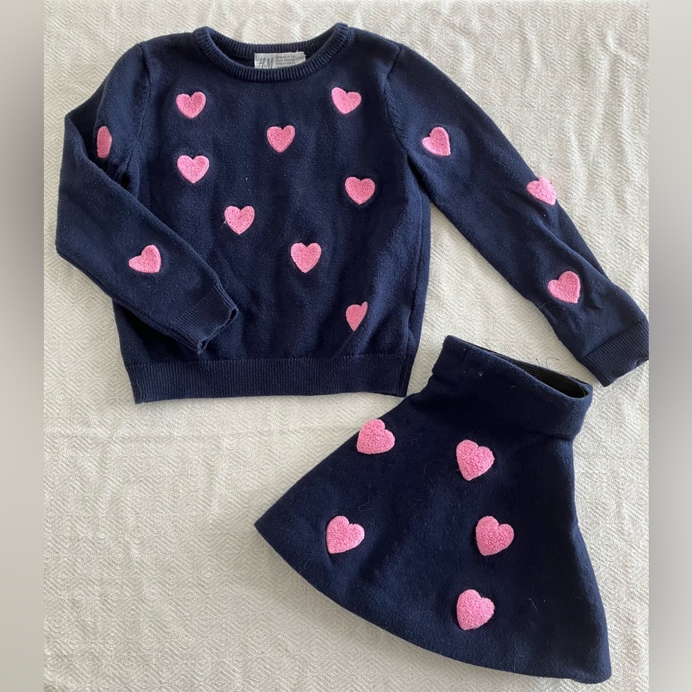 H&M navy pink heart knit sweater skirt set 2/3T